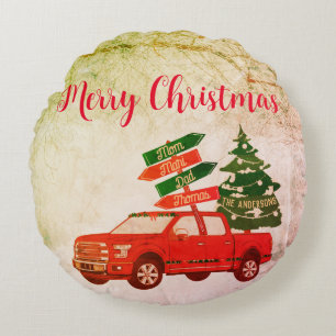 Familienname Rustikal Vintage Rotes LKW Weihnachte Rundes Kissen