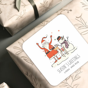 Familienname Santa Snowman Reindeer Christmas Hygg Quadratischer Aufkleber