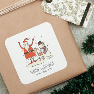 Familienname Santa Snowman Reindeer Christmas Hygg Quadratischer Aufkleber