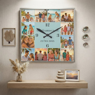 Familienname Strandhaus Küsten 12 Fotos Collage  Quadratische Wanduhr