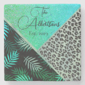 Familienname Tropischer Fern Leopard Glitzer Steinuntersetzer (Vorderseite)