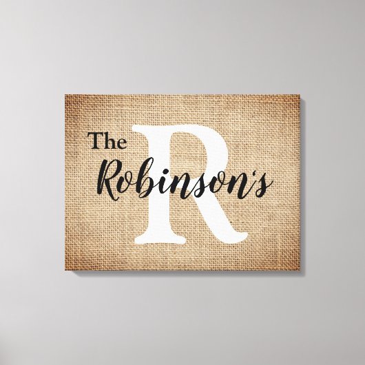 Familienname und anfängliches rustikales Burlap-Bi Leinwanddruck (Vorderseite)