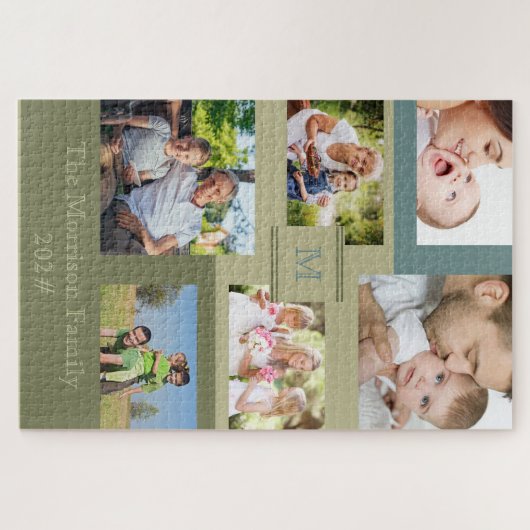 Familienname und Jahr 6 Foto Collage Green Blue Puzzle (Horizontal)