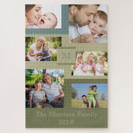 Familienname und Jahr 6 Foto Collage Green Blue Puzzle (Vertikal)