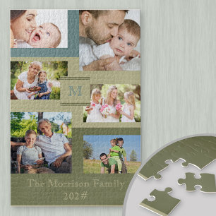 Familienname und Jahr 6 Foto-Collage Grün Blau Puzzle