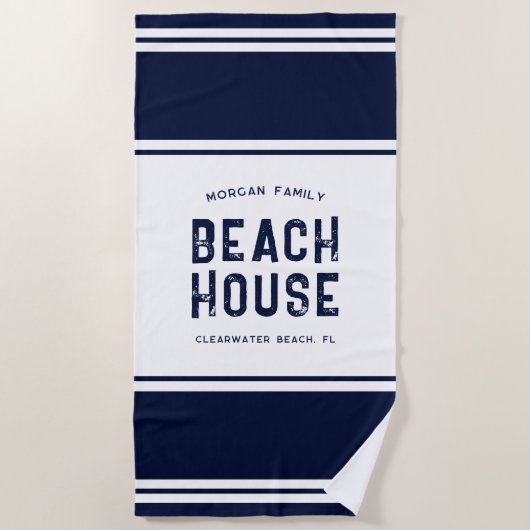 Familienname Vacation Beach House Navy Blue Strandtuch (Vorderseite)