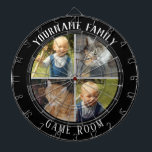 Familienname Vier-Foto-Spielzimmer Dartscheibe<br><div class="desc">Farbiger Hintergrund mit individuelle Name und vier Foto Option in der Mitte des Boards. Andere Farben sind im Shop erhältlich.</div>