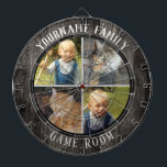Familienname Vier-Foto-Spielzimmer Dartscheibe<br><div class="desc">Farbiger Hintergrund mit individuelle Name und vier Foto Option in der Mitte des Boards. Andere Farben sind im Shop erhältlich. Imitat Holzstruktur.</div>