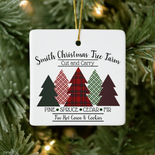 Familienname Weihnachtsbaumfarm Red Green Kariert Keramikornament (Baum)