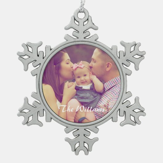 Familienportrait Schneeflocken Zinn-Ornament (Vorderseite)