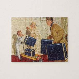 Familienurlaub auf alte Art, Vater, Kinder und Kof Puzzle