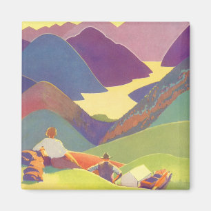 Familienurlaub im Retro-Stil, Picknick in den Berg Magnet