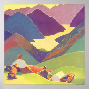 Familienurlaub im Retro-Stil, Picknick in den Berg Poster