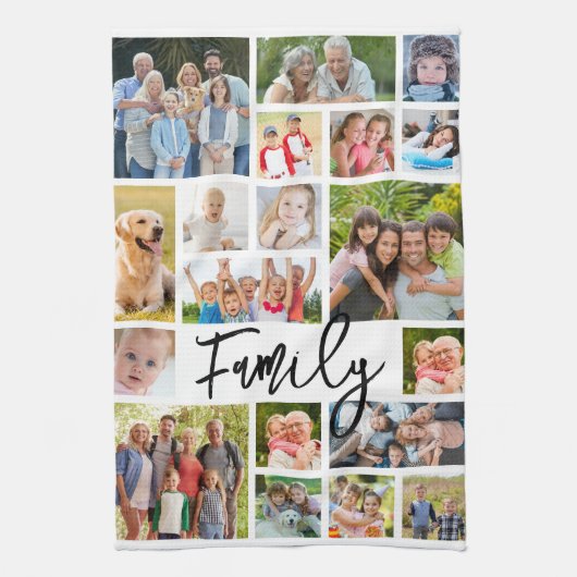 Family 19 Photo Collage Modern Script Geschirrtuch (Vertikal)