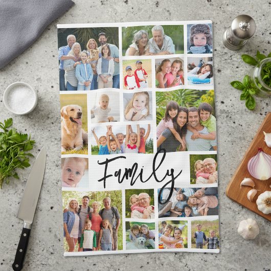 Family 19 Photo Collage Modern Script Geschirrtuch