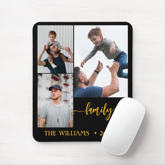 family 3 photo collage black gold script magnet mousepad (Mit Mouse)