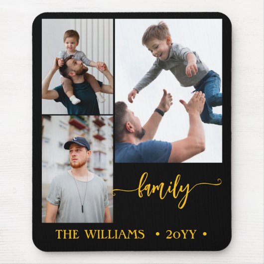 family 3 photo collage black gold script magnet mousepad (Vorne)