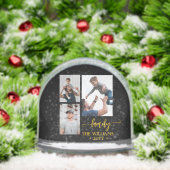 family 3 photo collage black gold script magnet schneekugeln (Weihnachten)