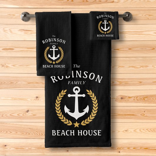 Family Beach House Anchor Gold Laurel Star Black Badhandtuch Set