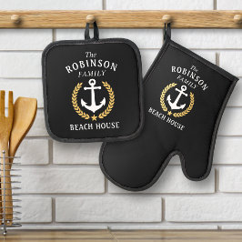 Family Beach House Anchor Gold Laurel Star Black Ofenhandschuh & Topflappen-Set