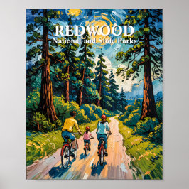 Family Bike Ride in Redwood National Park Painting Poster