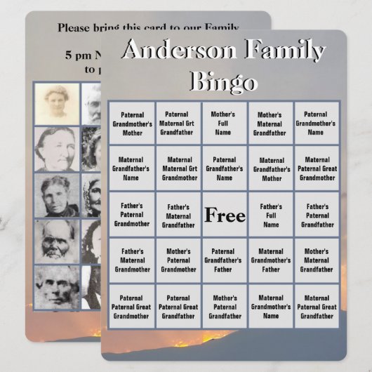 Family Bingo Card Orange Sunset and Mountain Foto (Vorne/Hinten)