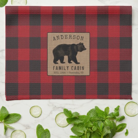 Family Cabin Bear Red Buffalo Kariert Burlap Geschirrtuch (Gefaltet)