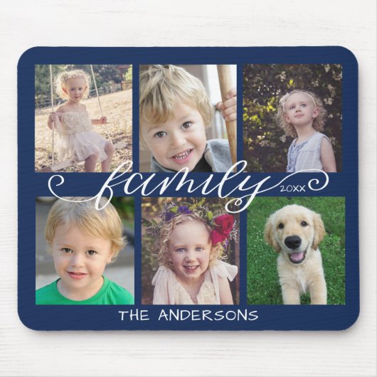 Family Calligraphy Navy Blue 6 Foto Collage Mousepad (Vorne)