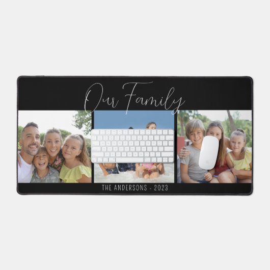 Family Calligraphy Script 3 Fotos Schwarz Schreibtischunterlage (Tastatur & Maus)