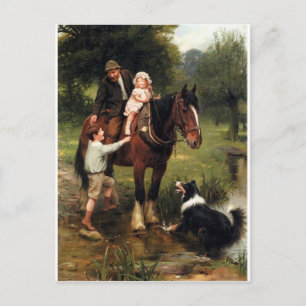 family children collie dog horse boy girl postkarte
