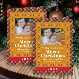 Family Christmas Plaid Photo Gold Holiday Postcard Karte