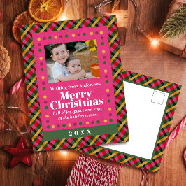 Family Christmas Plaid Photo Red Holiday Postcard Feiertagspostkarte