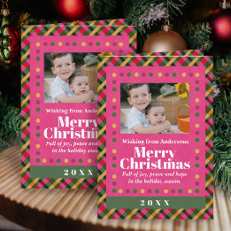 Family Christmas Plaid Photo Red Holiday Postcard Karte