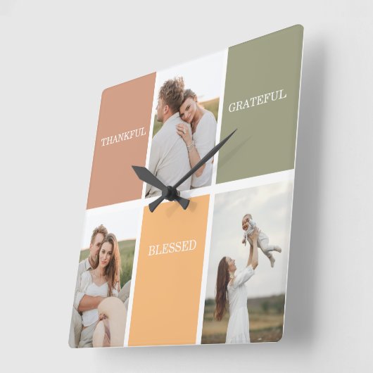 Family Collage Foto | Dankbar gesegnet dankbar Quadratische Wanduhr (Winkel)