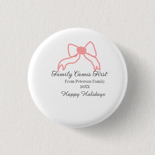 Family comes first red bow family name holidays button (Vorderseite)