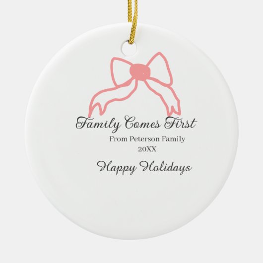Family comes first red bow family name holidays keramik ornament (Vorne)