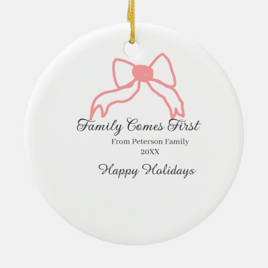 Family comes first red bow family name holidays keramik ornament (Hinten)