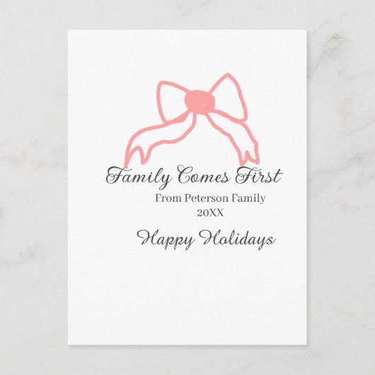 Family comes first red bow family name holidays postkarte (Vorderseite)