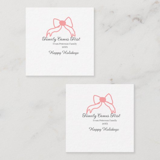Family comes first red bow family name holidays quadratische visitenkarte (Vorne/Hinten)