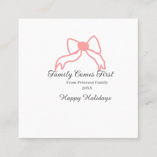 Family comes first red bow family name holidays quadratische visitenkarte (Rückseite)