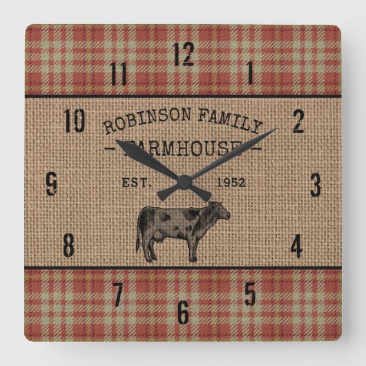 Family Farmhouse Rustic Cow Red Plaid Burlap Quadratische Wanduhr (Vorderseite)