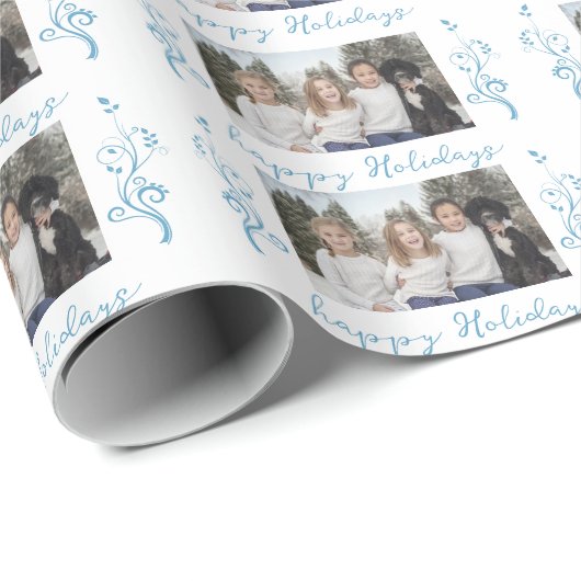 Family Foto Blue Foliage Weihnachtsfeiertag Geschenkpapier (Rolleneckpunkt)