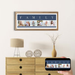 FAMILY Foto Collage 6 Picture Strip Blue Custom Poster<br><div class="desc">Personalisiertes Plakatdruck mit dem Wort FAMILY, das über Ihren Fotos geschrieben ist. Die Fotovorlage ist für Sie ein Set, um 6 Ihrer Lieblingsfotos hinzuzufügen, die in quadratischer Form in einer einfachen, Streifen-Stil, Foto-Collage angezeigt werden. Dieses elegante und stilvolle Werk hat eine farbenfrohe Küstenpalette aus klassischem Blau und naturbelassenem Weiß. Es...</div>