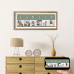 FAMILY Foto Collage 6 Picture Strip Green Custom Poster<br><div class="desc">Personalisiertes Plakatdruck mit dem Wort FAMILY, das über Ihren Fotos geschrieben ist. Die Fotovorlage ist für Sie ein Set, um 6 Ihrer Lieblingsfotos hinzuzufügen, die in quadratischer Form in einer einfachen, Streifen-Stil, Foto-Collage angezeigt werden. Dieses elegante und stilvolle Sonderstück hat eine ruhige Farbpalette von Salbei grün und natürlich von Weiß....</div>