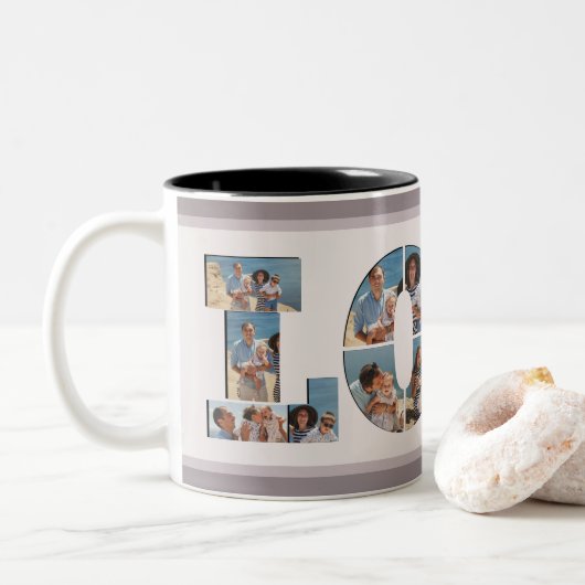 FAMILY Foto Collage Liebe Script Modern Keepake Zweifarbige Tasse (Mit Donut)