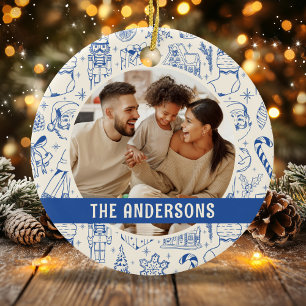 Family Foto Doodle Blue Christmas Keramik Ornament