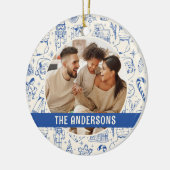 Family Foto Doodle Blue Christmas Keramik Ornament (Links)