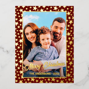 Family Foto Frohe Weihnachtssterne rot bordeauxrot Folien Feiertagspostkarte