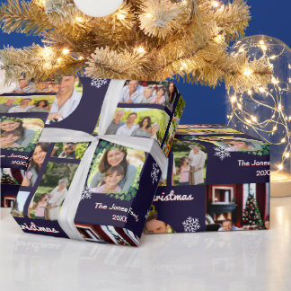 Family Foto Gallery Dark Blue Custom Christmas Geschenkpapier