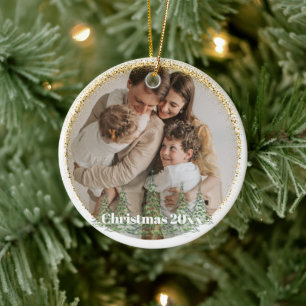 Family Foto Minimal Gold Glitzer Custom Weihnachte Keramik Ornament